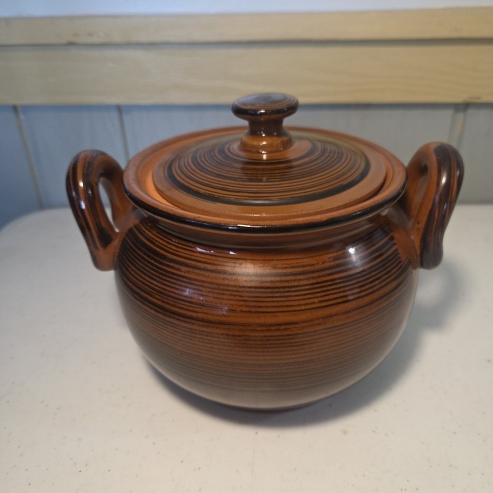 Vintage Oven Proof Japan Brown Black Swirl Drip Glaze Lidded Bean Bowl Pot